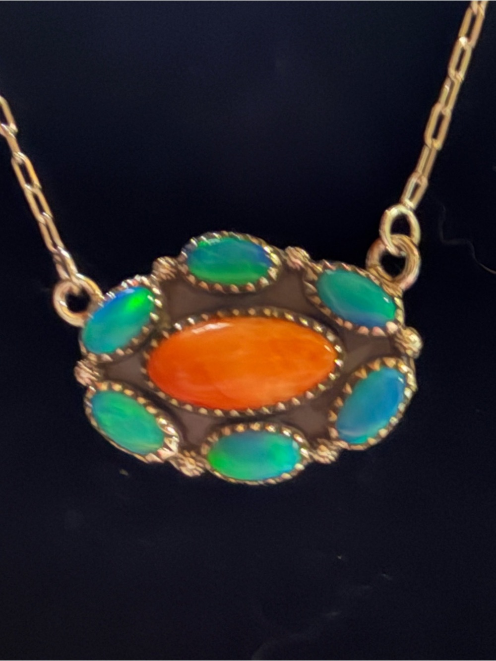 Handmade Blue Opal & Orange Spiny Stone Pendant Necklace